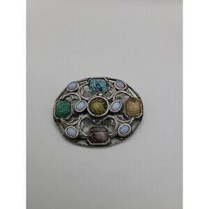 Vintage Miracle Scottish Celtic Brooch Faux Agate Opal Glass Stones Silver tone